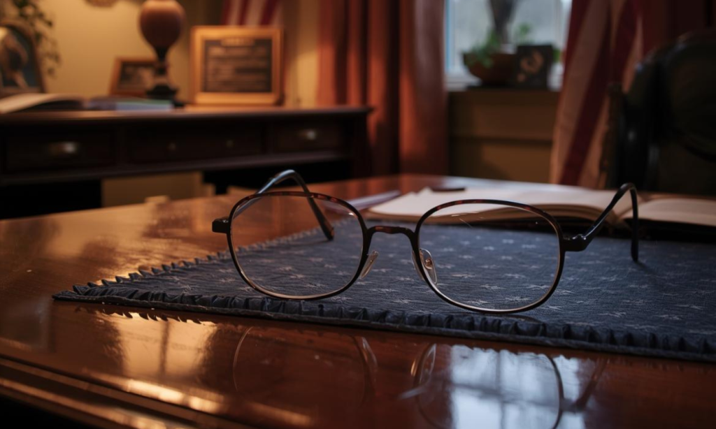 A pair of reading glasses sitting in a study.