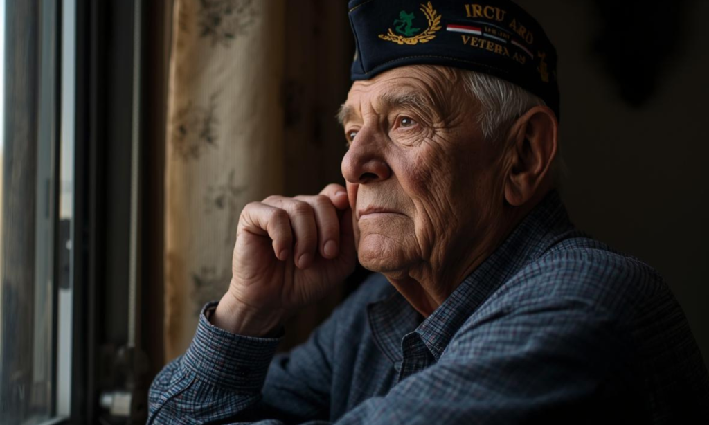 A respectful, well-lit portrait of an older veteran in a thoughtful pose looking out a window.