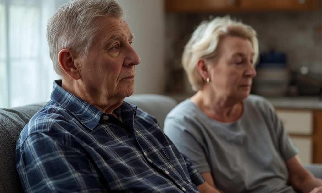 A non-frontal shot of a veteran sitting at home, sitting beside their spouse.